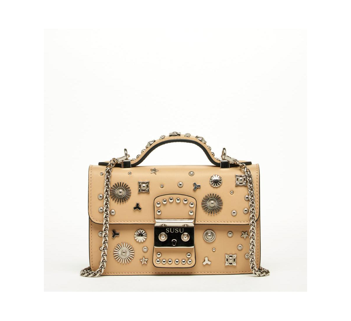 Small Leather Crossbody Bag Studded Dark Beige Tan Purse Women's Handbag - Dark beige