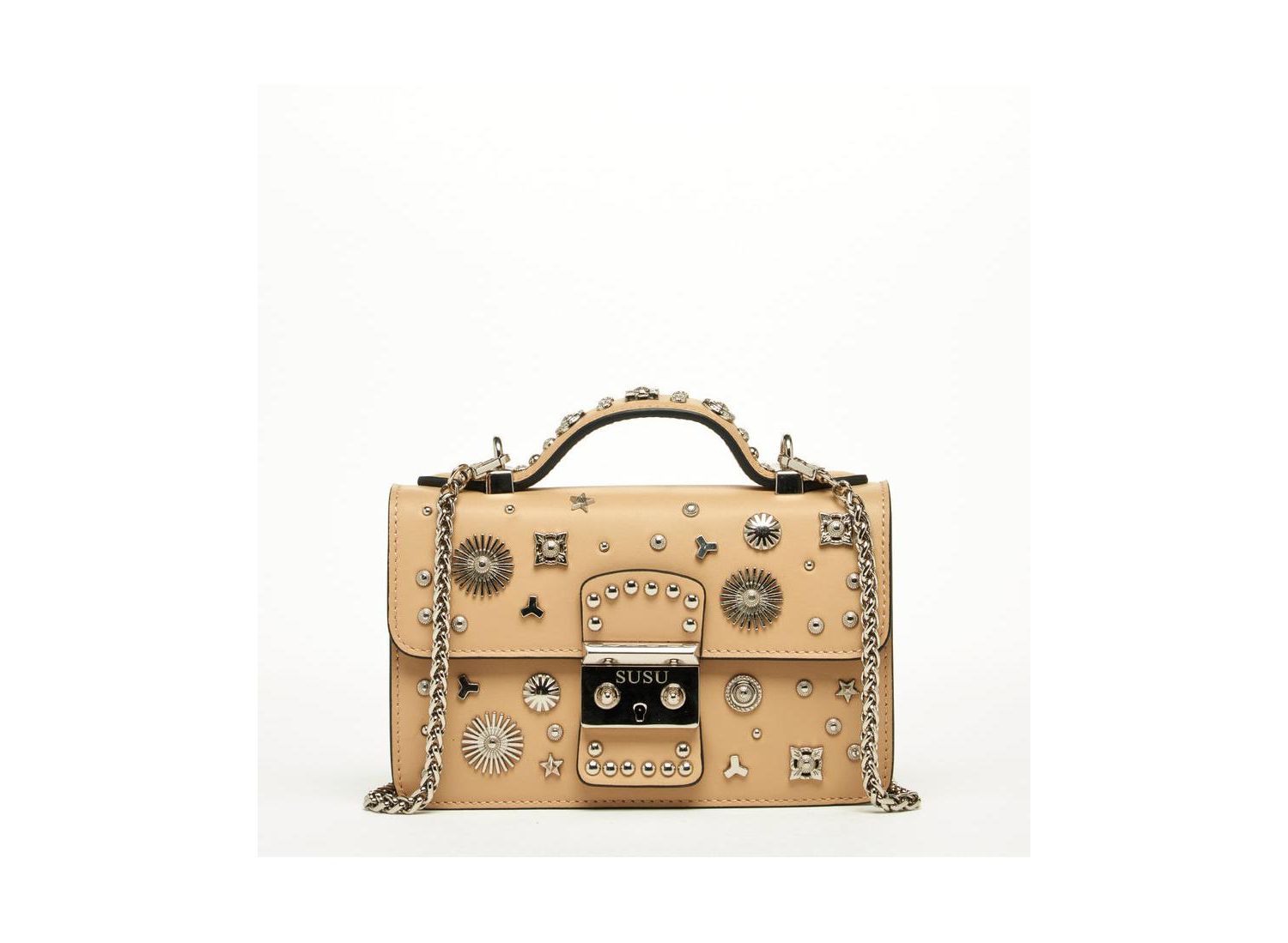 Women s Beige Studded Crossbody Bag Designer Leather Shoulder Purse with Top Handle, Structured Handbag with Silver Embellishments