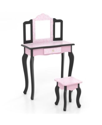 2-in-1 Princess Dressing Table Writing Desk with Cute Leopard Print and 3 Makeup Accessories Fun Vanity Set for Kids