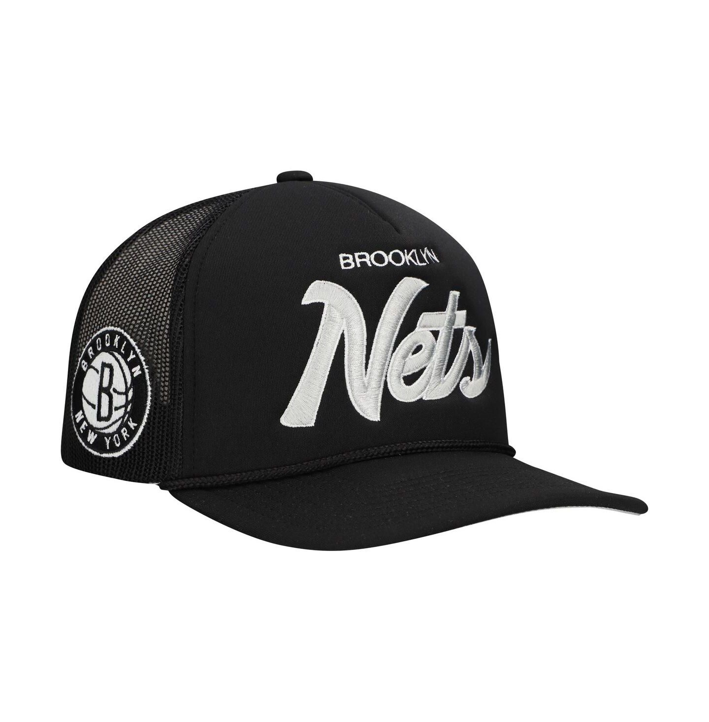 Мужская кепка Mitchell & Ness Black Brooklyn Nets Script Trucker Adjustable Hat — фото 1