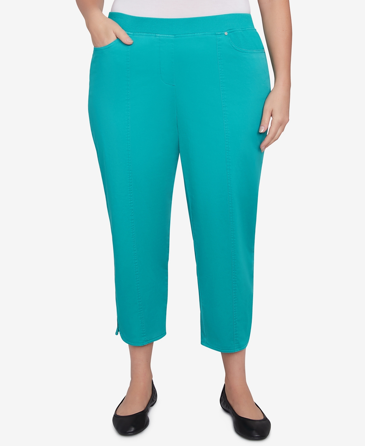 Alfred Dunner Plus Size Parrot Cay Novelty Cuff Tummy Control Capris Pants In Jade