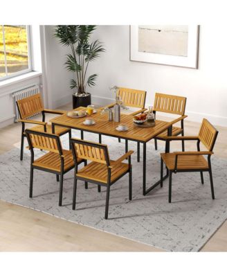 Dining Chair Set of 2 with Acacia Wood Backrest Slanted Seat Comfortable Armrests