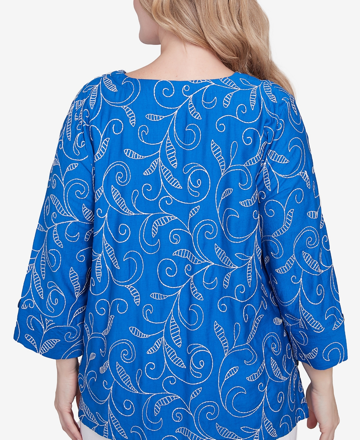 Alfred Dunner Plus Size Parrot Cay Scroll Embroidered Cuff Sleeve Top In Cobalt Blue