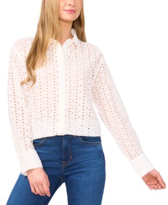 CeCe - Women's Collared Button-Front Eyelet Blouse