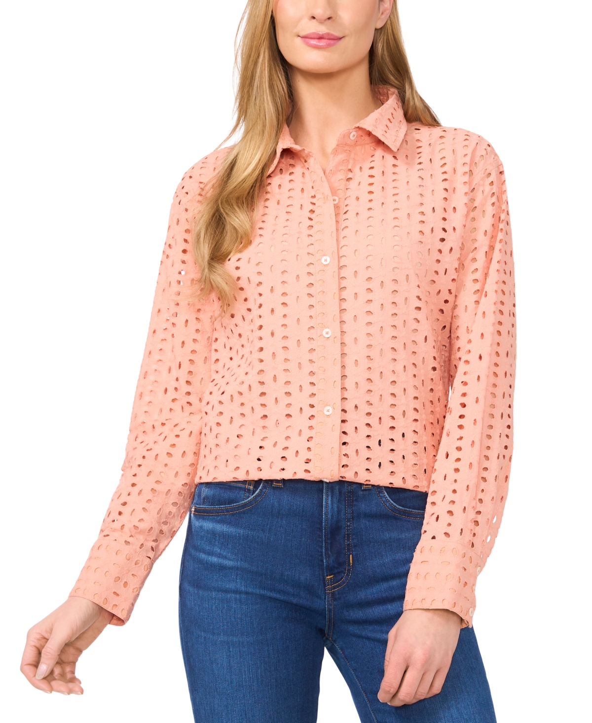 CECE WOMEN'S COLLARED BUTTON-FRONT EYELET BLOUSE 