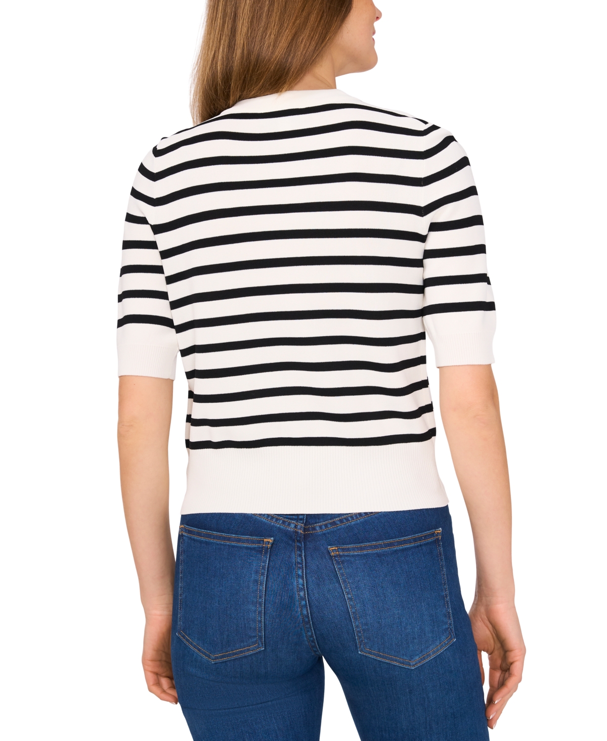 Cece Stripe Short Sleeve Cardigan With Goldtone Buttons In Antique White