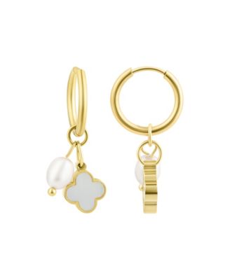 Tarnish Resistant Gold Freshwater Cultivated Pearl Clover Hoop Earrings