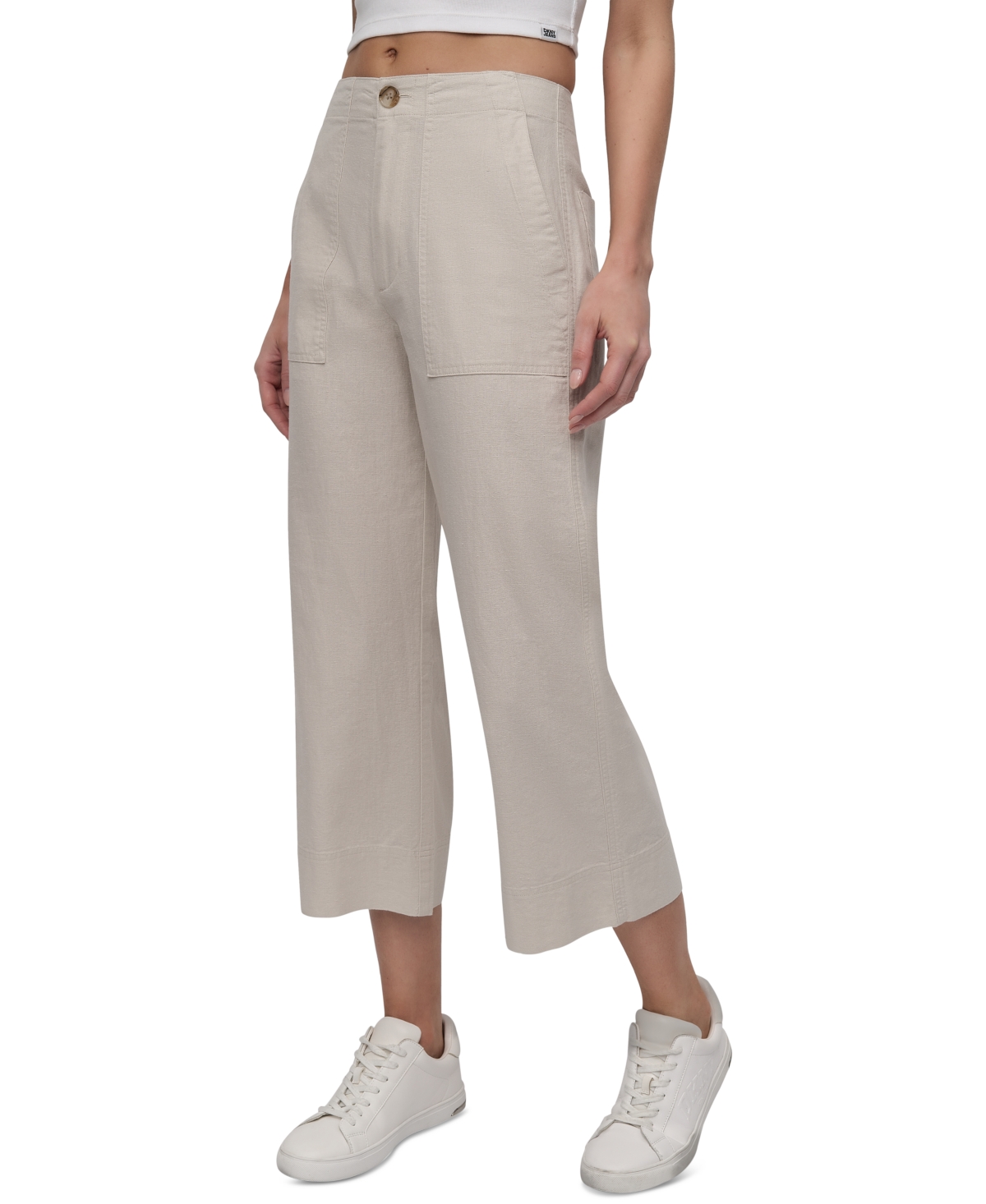 Shop Dkny Jeans Women's Cropped Wide-leg Linen Pants In D5k - Lt City Khaki