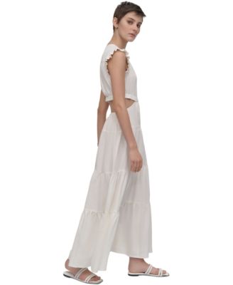 Women's Linen-Blend Tiered V-Neck Cutout Dress