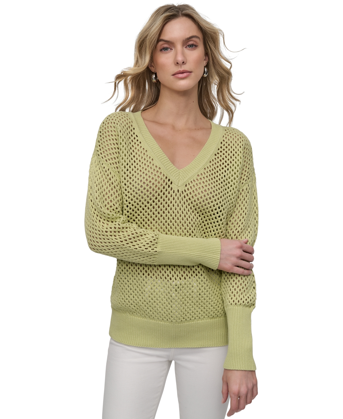 DKNY JEANS WOMEN'S COTTON OPEN-KNIT V-NECK SWEATER 