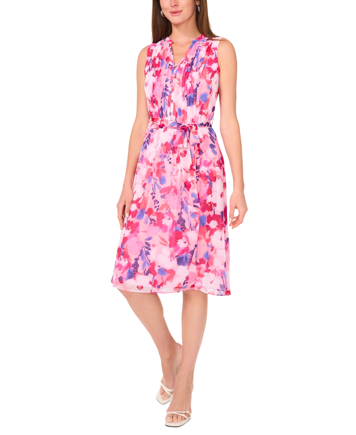 Petite Printed Sleeveless Tie-Waist Shirtdress - Pink Cobalt