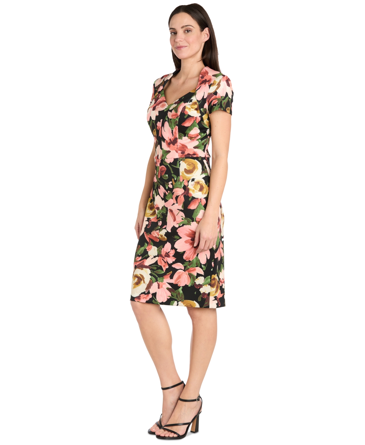R & M Richards Petite Floral-print Short-sleeve Dress In Black Multi