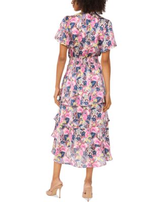 Women's Floral-Print Tiered Flutter-Sleeve Dress