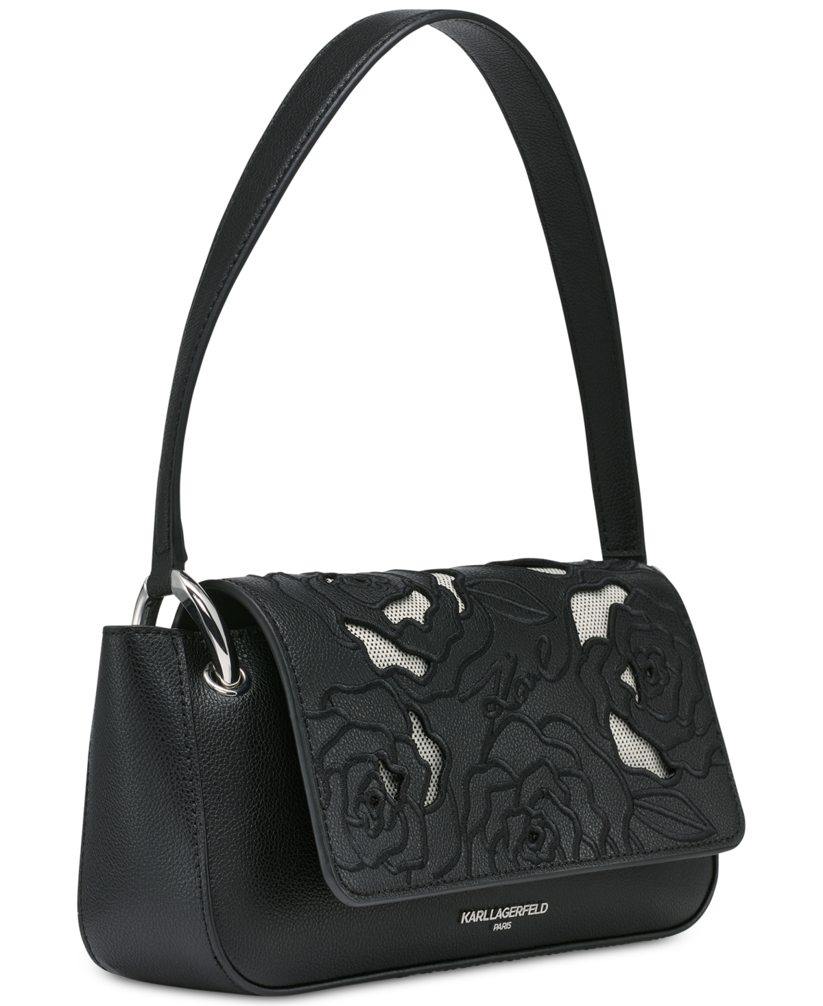 Karl Lagerfeld Monet Floral Embroidery Small Leather Shoulder Bag In Black Cutout