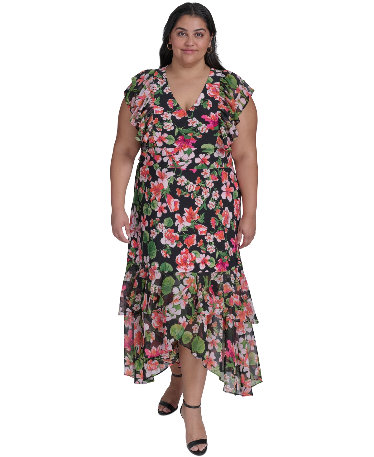 Tommy Hilfiger Plus Size Floral-print Mixed-media Maxi Dress In Black Multi