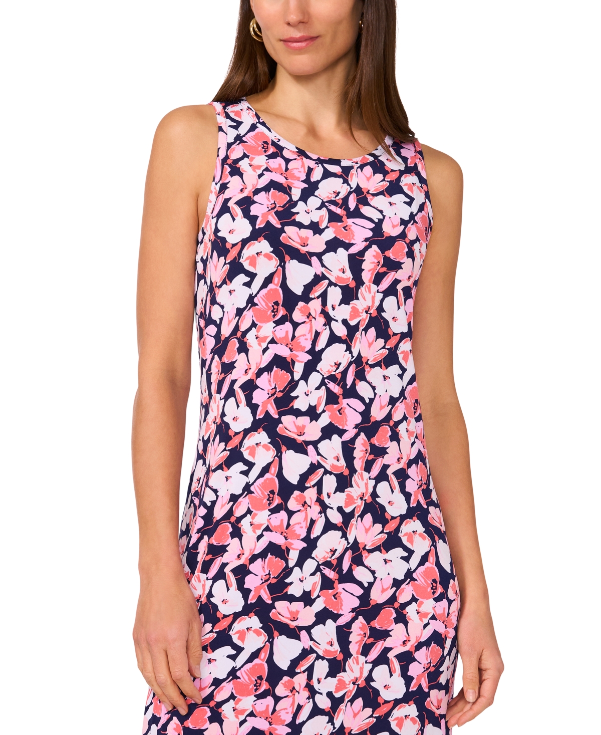 Vince Camuto Women's Floral Sleeveless Keyhole-back Crewneck Maxi Dress In Classic Navy