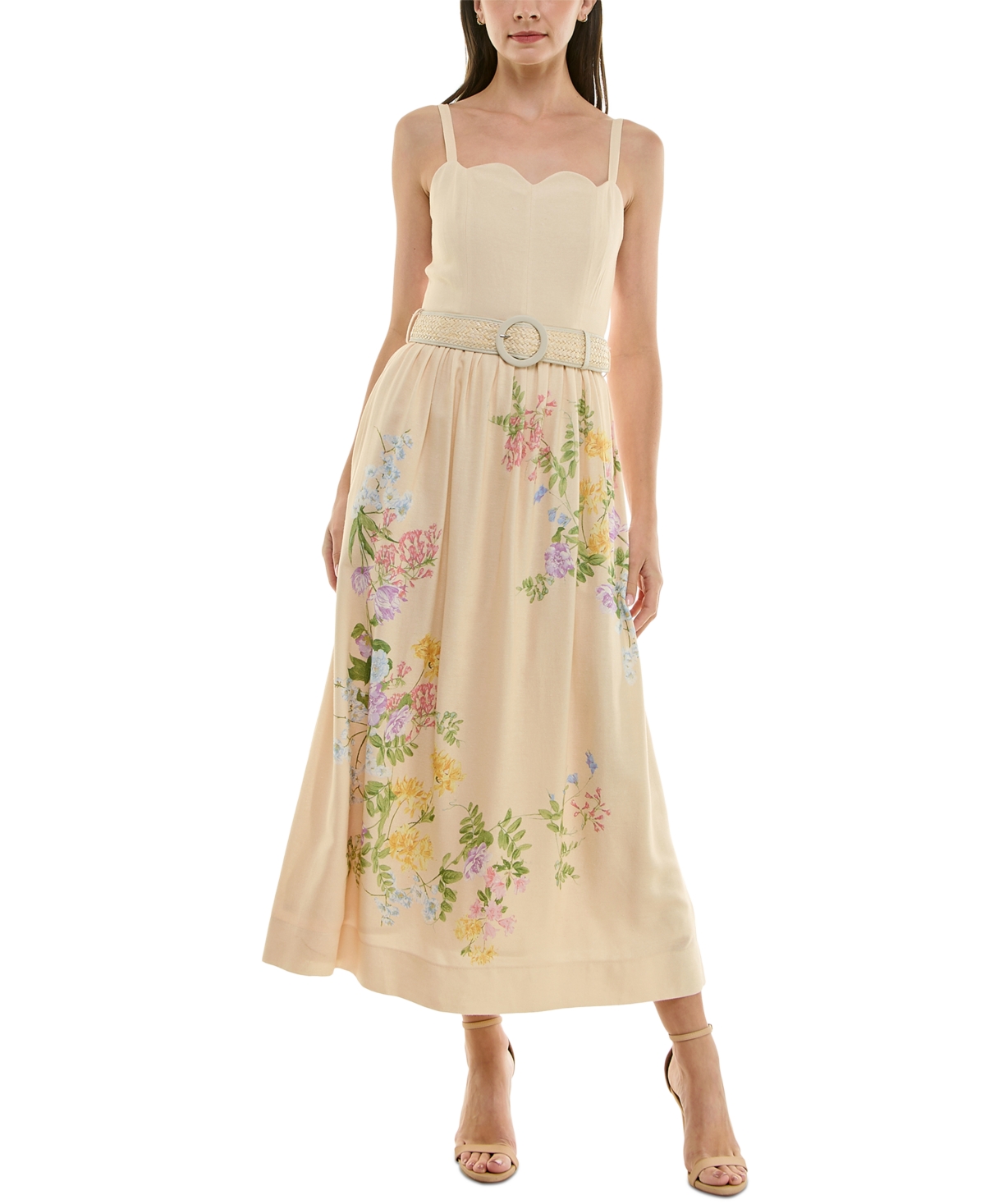 Petite Floral-Print Belted Midi Dress - Melon.sepia