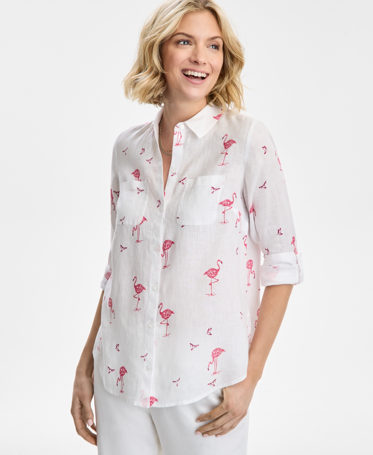 CHARTER CLUB WOMEN'S LINEN FLAMINGO-PRINT ROLL-TAB SHIRT, EXCLUSIVELY AT MACY'S 