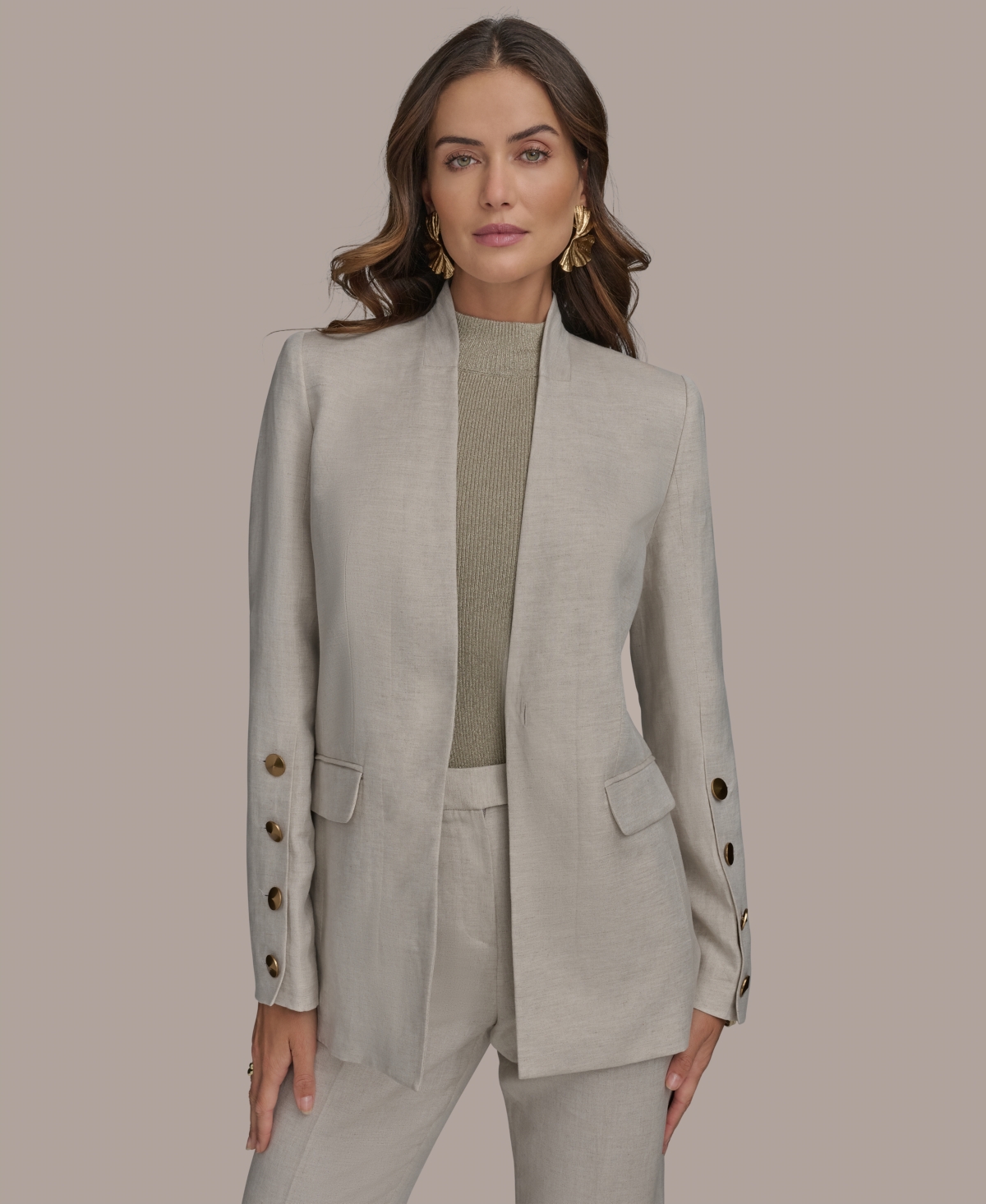 Shop Donna Karan Women's Linen-blend Button-sleeve Blazer In Flax