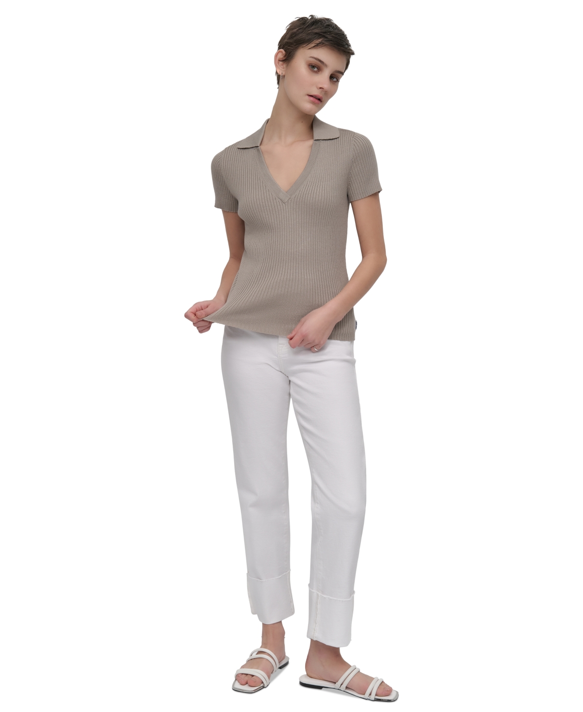 DKNY JEANS WOMENS RIBBED V-NECK POLO SWEATER 