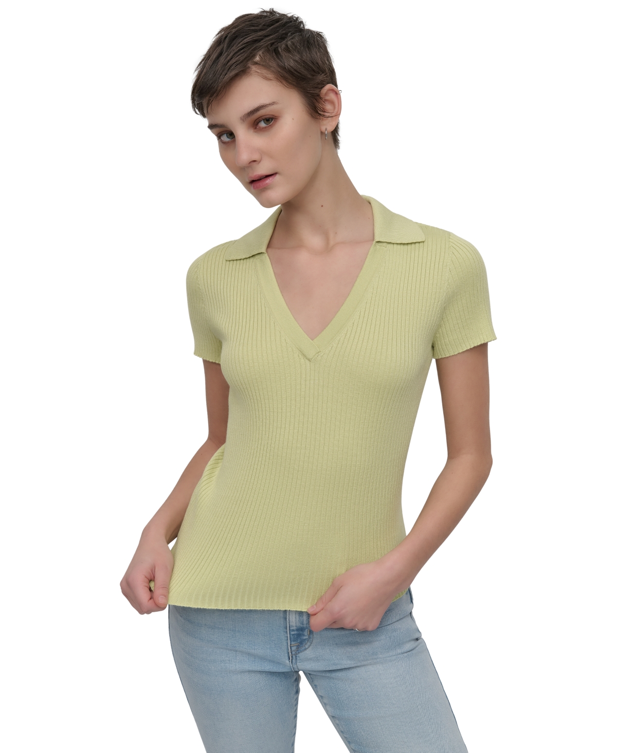 DKNY JEANS WOMENS RIBBED V-NECK POLO SWEATER 