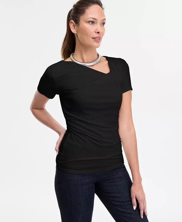 Women's Short Sleeve Asymmetric-Neck Top - thumbnail 4