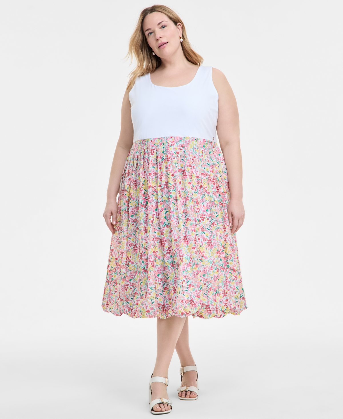 Tommy Hilfiger Plus Size Floral-print-skirt Sleeveless Dress In White Multi