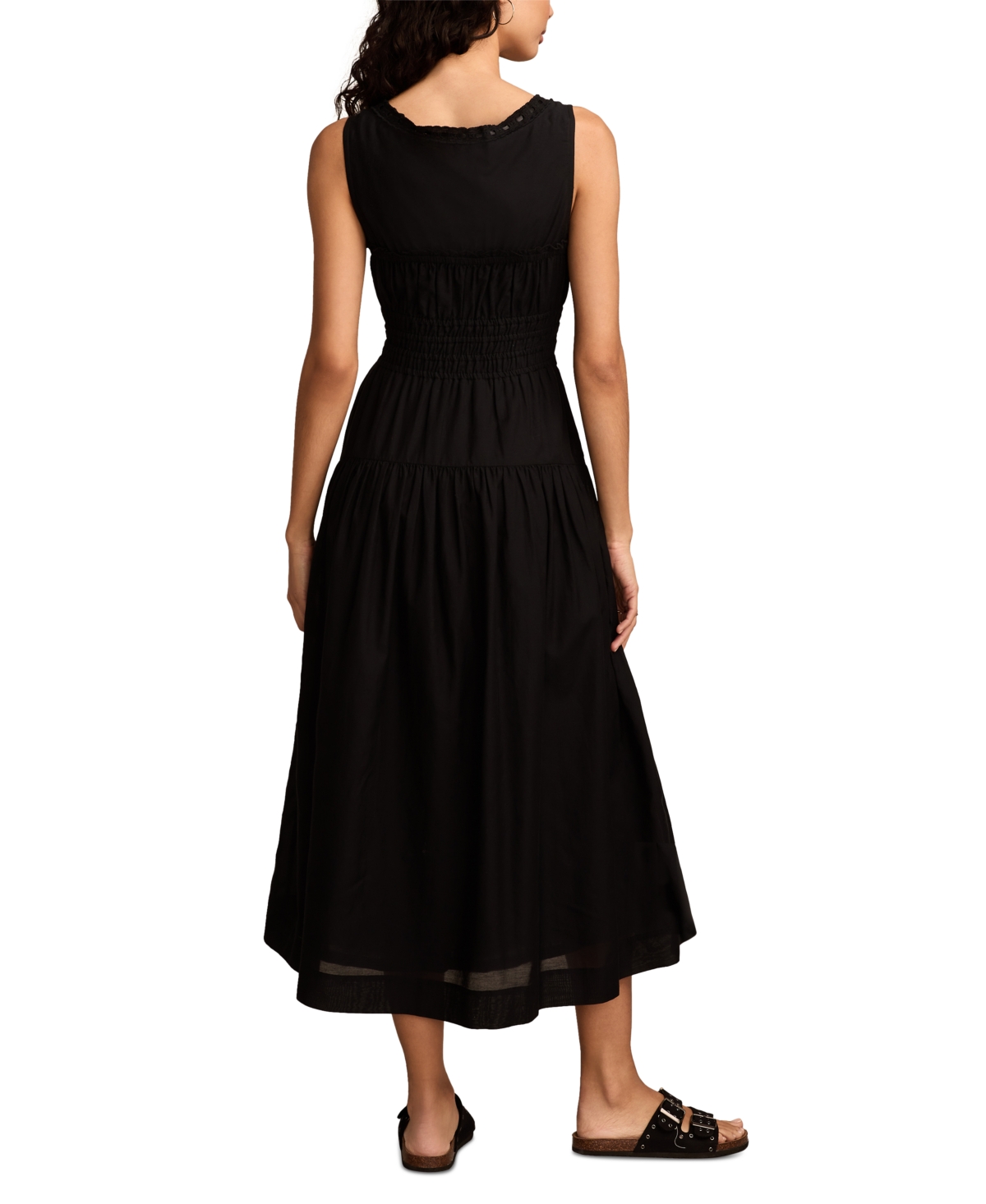 LUCKY BRAND WOMEN'S LACE-TRIMMED SMOCKED MIDI DRESS 
