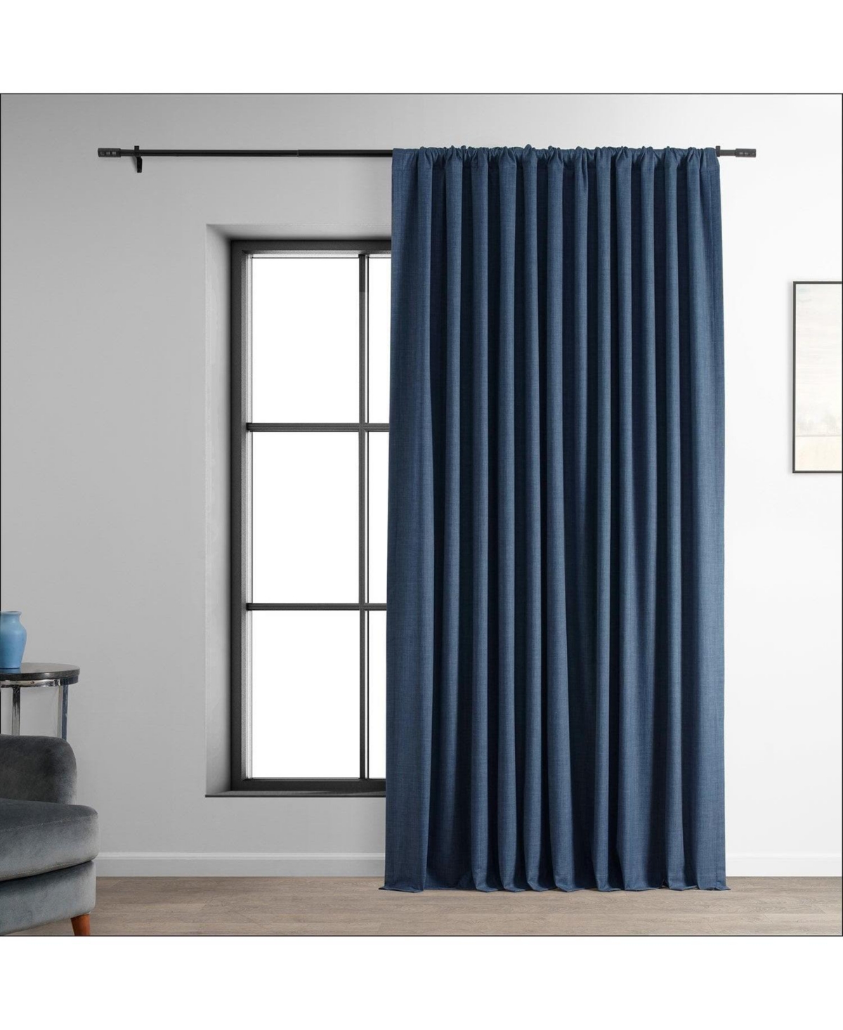 Dark Blue Extra Wide Performance Linen Hotel Blackout Curtain - Blue