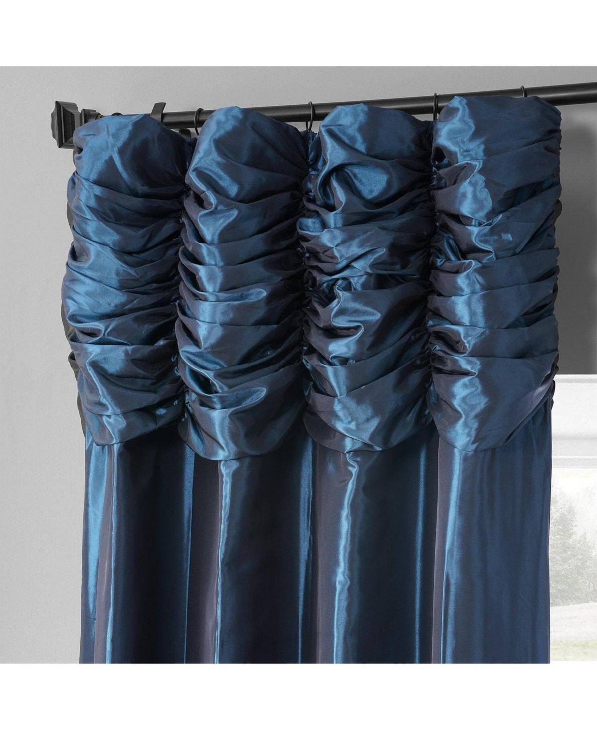 Half Price Drapes Navy Ruched Solid Faux Silk Taffeta Room Darkening Curtain In Blue