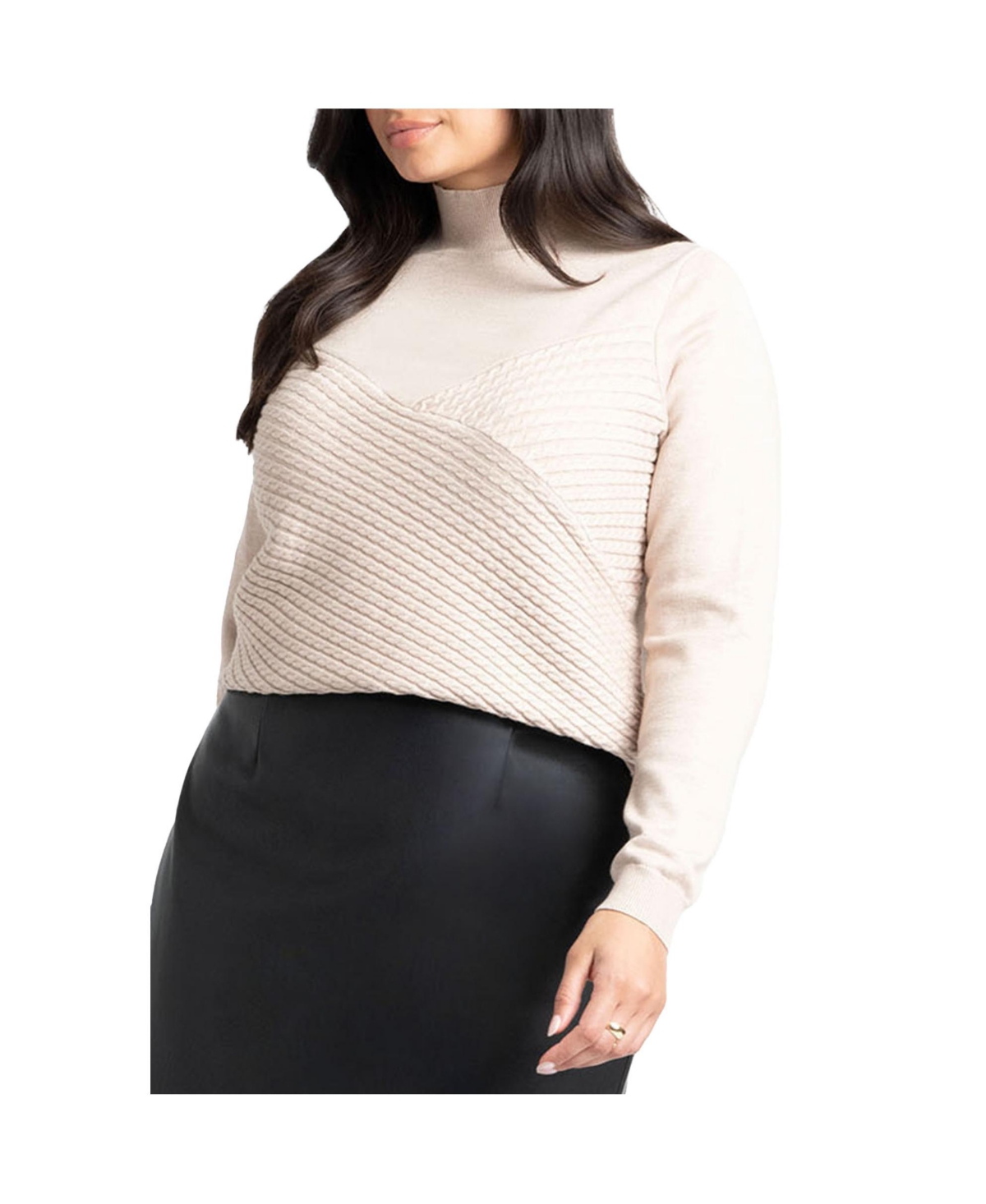 Plus Size Diagonal Cable Knit Mock Neck Sweater - Incense