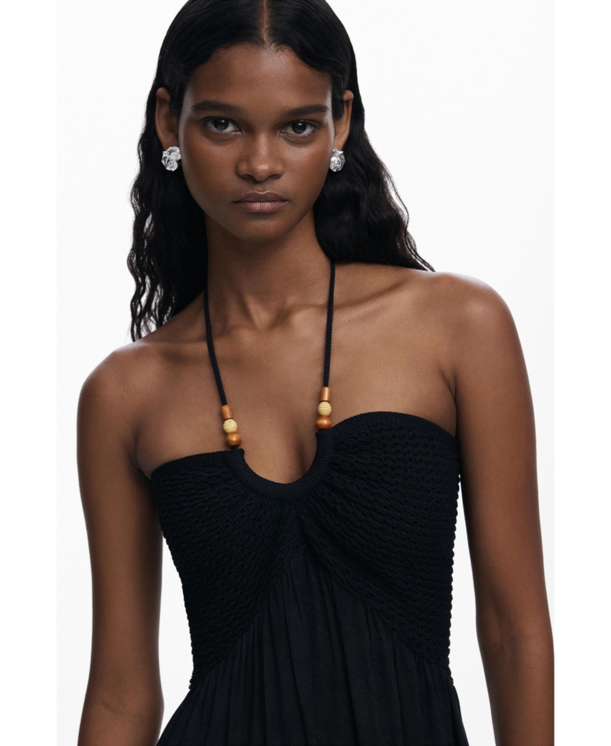 Desigual Beaded Mixed Media Maxi Cover-up Sundress In Black