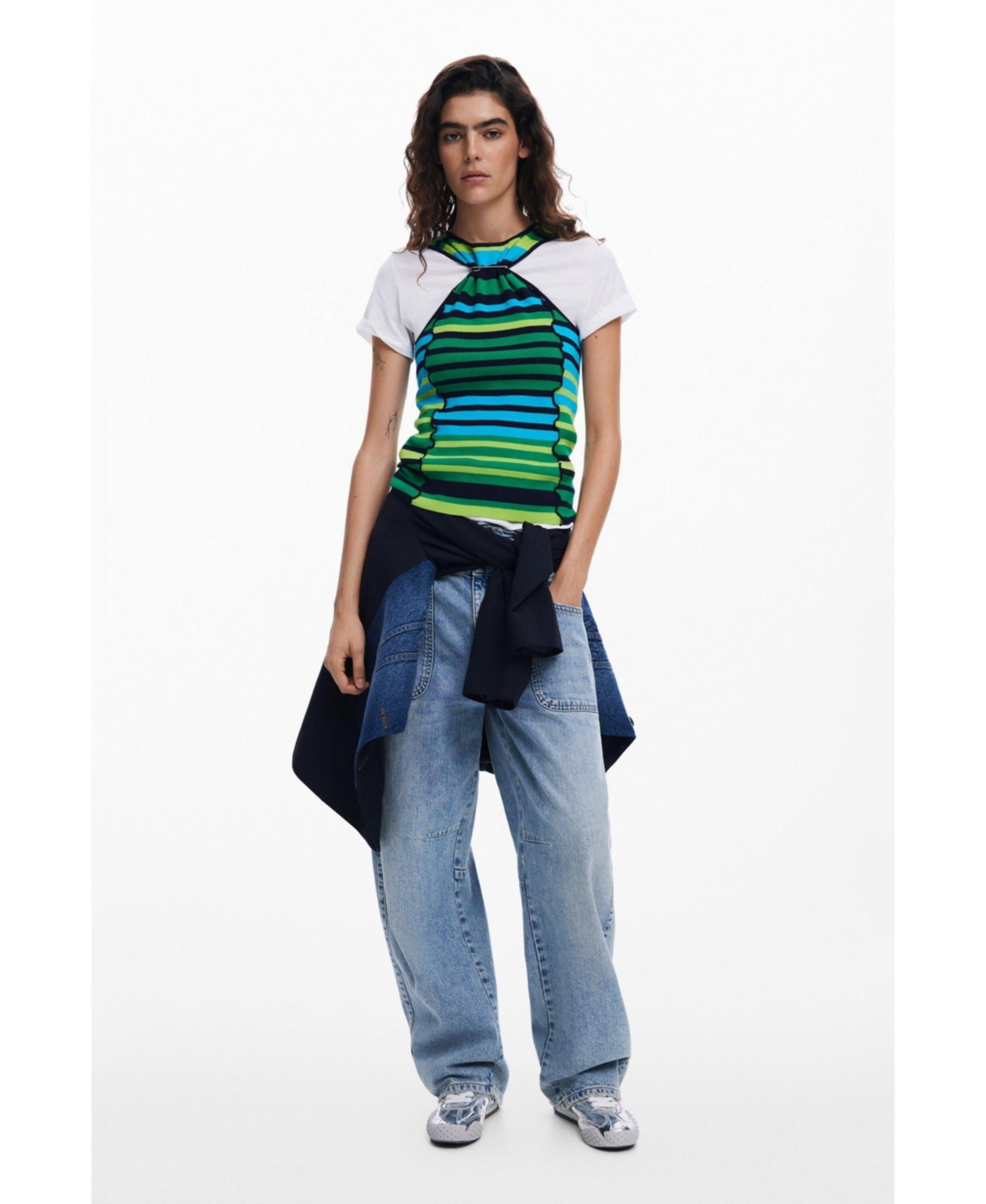 Desigual Striped T-shirt With Trim In Bluish Green