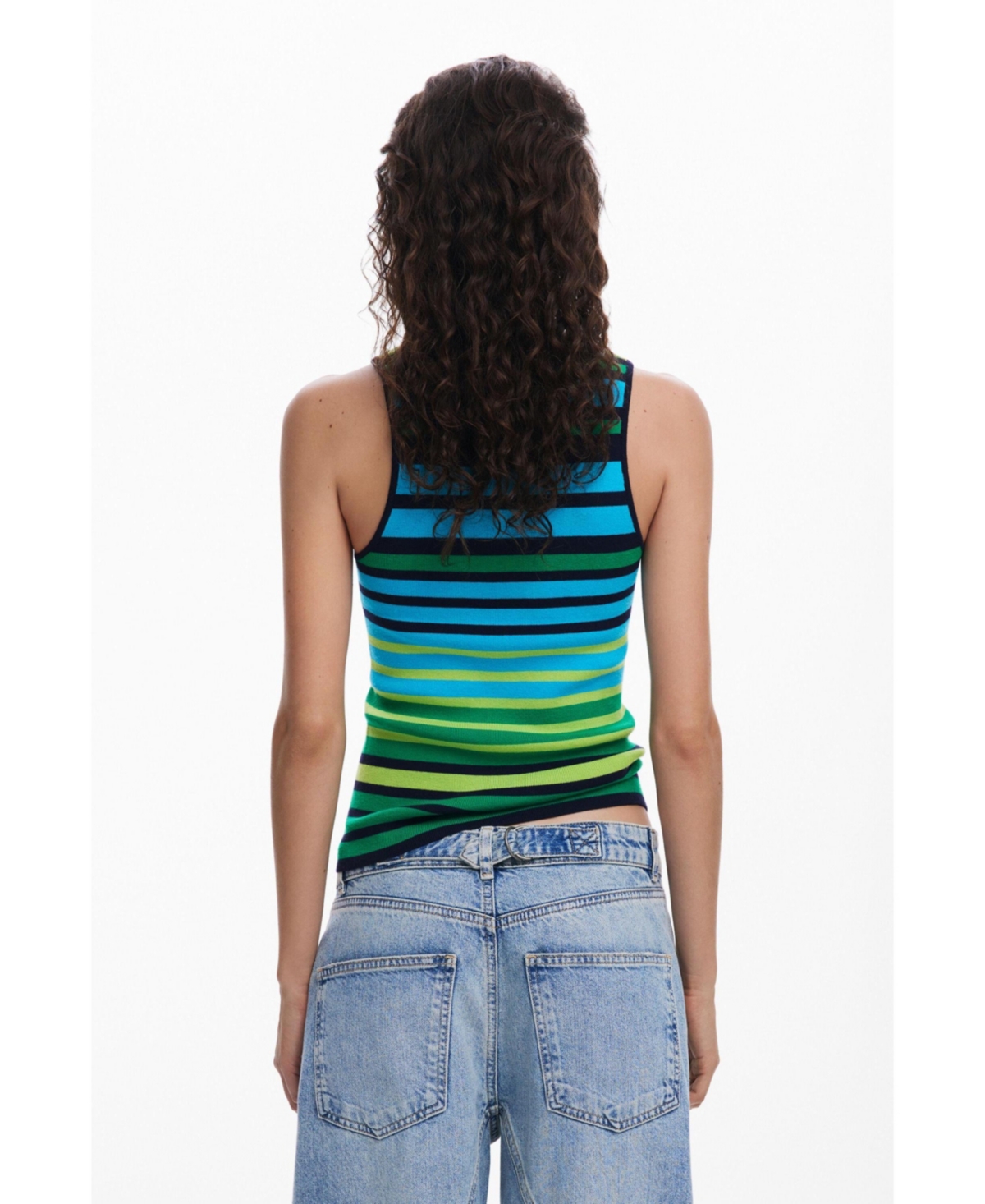 Desigual Striped T-shirt With Trim In Bluish Green