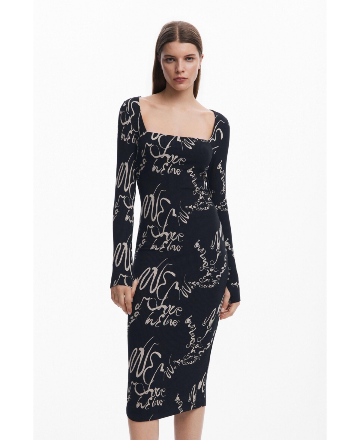 Desigual Love Print Long Sleeve Body-con Midi Dress In Black