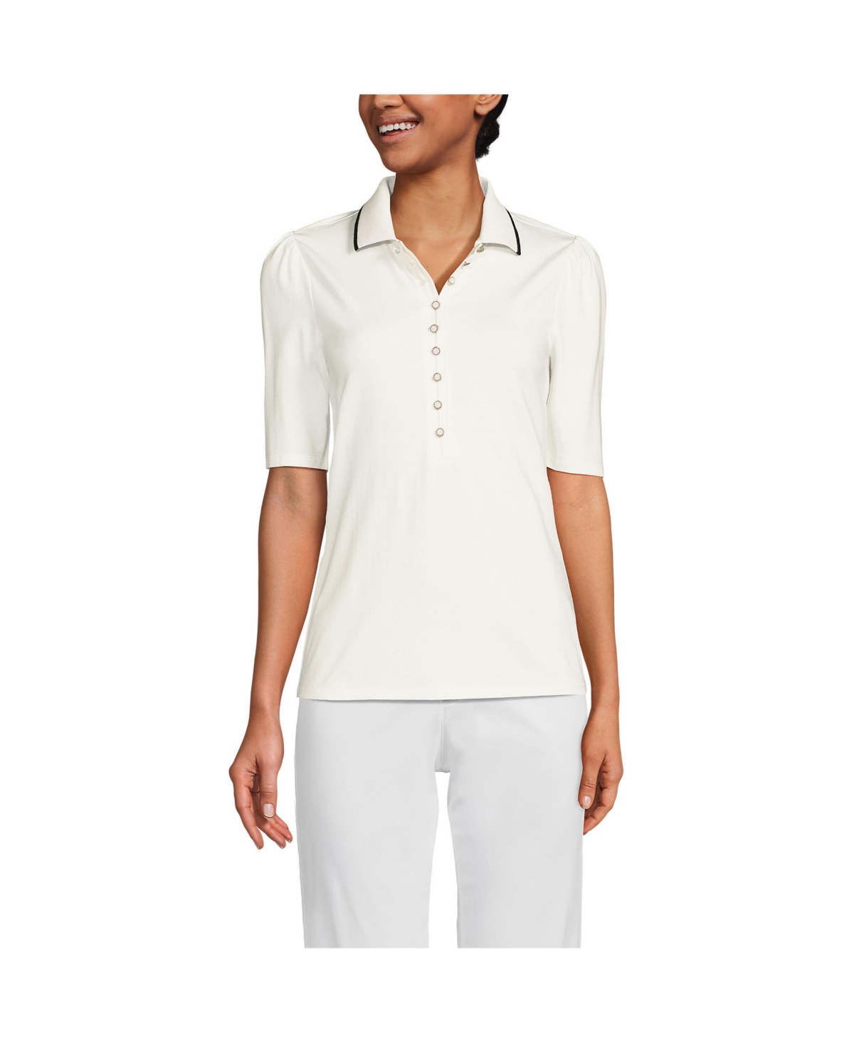 Women's Elbow Sleeve Lightweight Jersey Embellished Polo - Berry rouge/ivory