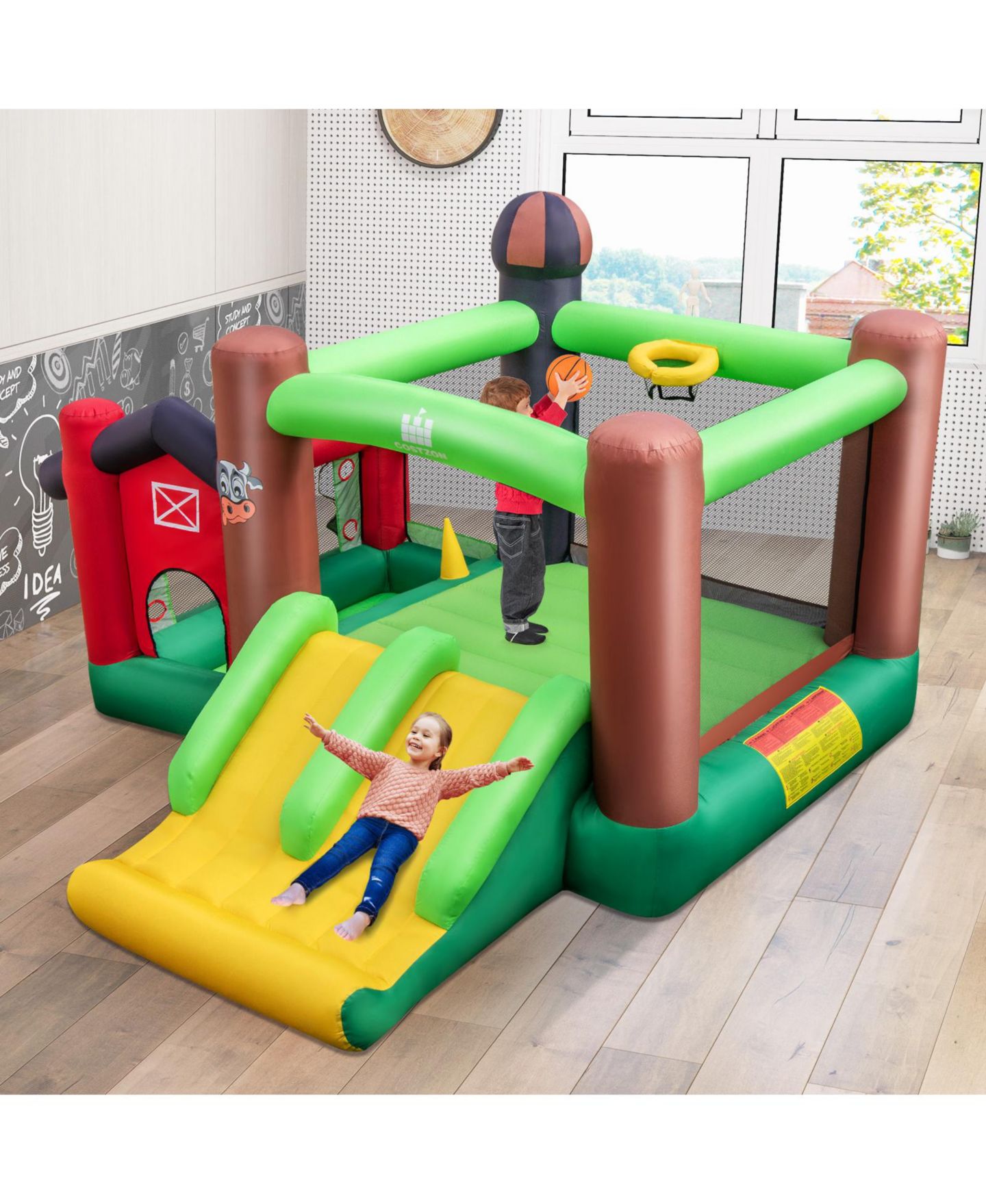 Детские игрушки Slickblue Farm Themed 6-in-1 Inflatable Castle with Dual Slides & Splash Pool, от 3 лет, цвет: Зелёный — фото 3