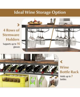 4-Tier Bar Table with Wine Rack and 4 Rows of Glass Holders for Home Bar Storage