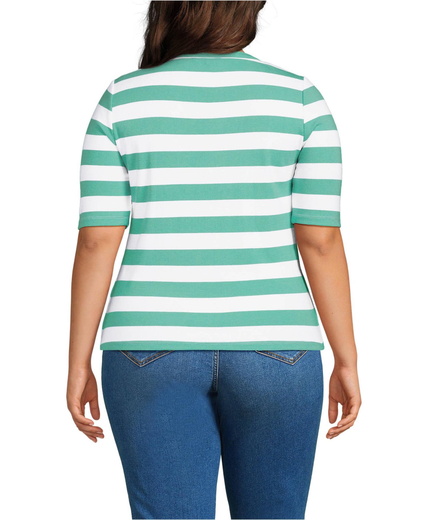 Женская футболка Lands' End Plus Size Drapey Rib Fitted Elbow Sleeve Scoop Neck, цвет: Зелёный полосатый — фото 2