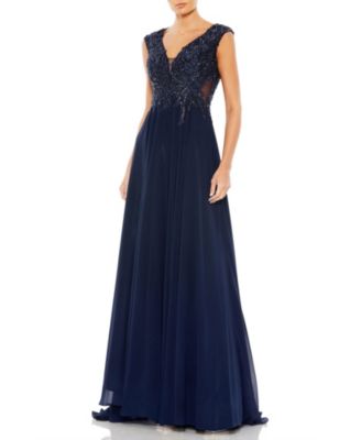 Women's Appliqued Cap Sleeve Bodice Flowy Gown