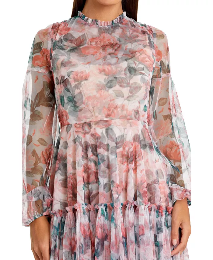 Women's Long Sleeve High Neck Long Balloon Sleeve Midi Dress - thumbnail 9