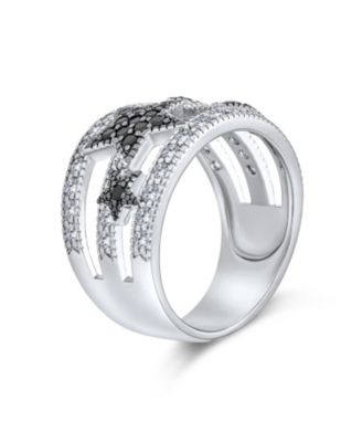 Black White Pave CZ Cocktail Statement Ring Silver Plated Celestial Band