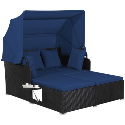 Outdoor Rattan Daybed with Retractable Canopy and Built-In Side Tables