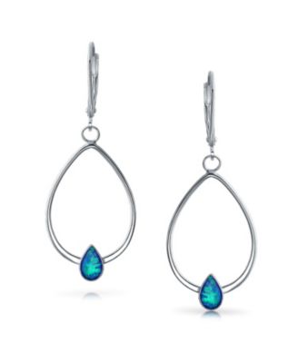 Boho Geometric Thin Open Oval Abalone Opal Hoop Dangle Earrings .925 Sterling