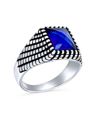 Stainless Steel Blue Sapphire Signet Ring Oxidized Silver Handmade