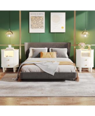 Set of 2 Nightstand with LED Glass Tabletop, No Assembly