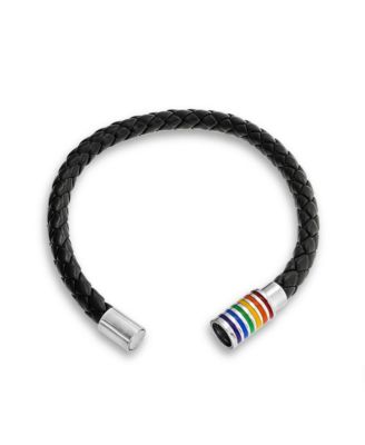 Striped Rainbow Flag Black Braided Leather LGBTQ Bracelet with Stainless Clasp