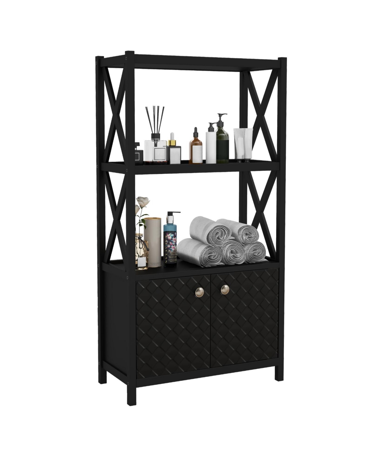 Bathroom Storage Cabinet with Open Shelves and Double Doors - Black