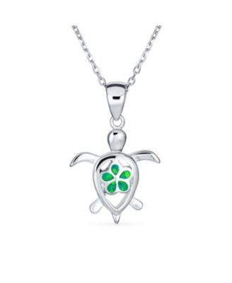 Nautical Plumeria Flower Blue Opal Sea Turtle Pendant Necklace Sterling Silver