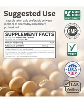 Nattokinase 2000 FU (Non-GMO), Powerful Nattokinase Supplement Made from Naturally Fermented Soybeans for Heart Health Support, 60ct